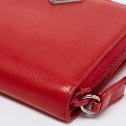 Pre Owned Prada Red Saffiano Leather Zip Around Compact Wallet