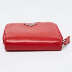 Pre Owned Prada Red Saffiano Leather Zip Around Compact Wallet
