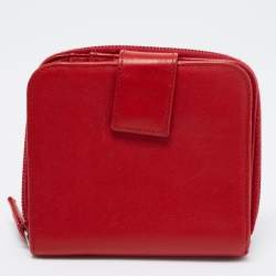 Pre Owned Prada Red Saffiano Leather Zip Around Compact Wallet