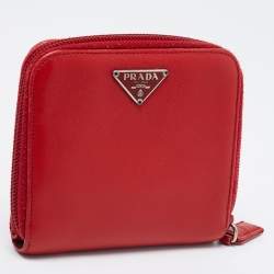 Pre Owned Prada Red Saffiano Leather Zip Around Compact Wallet