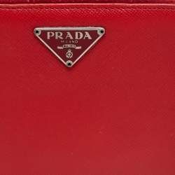 Pre Owned Prada Red Saffiano Leather Zip Around Compact Wallet