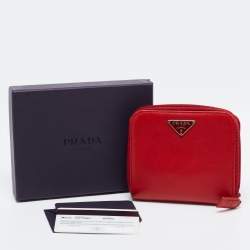 Pre Owned Prada Red Saffiano Leather Zip Around Compact Wallet