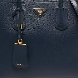Pre Owned Prada Dark Blue Saffiano Leather Double Tote Bag