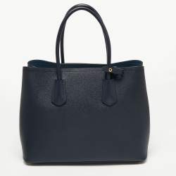 Pre Owned Prada Dark Blue Saffiano Leather Double Tote Bag