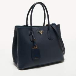 Pre Owned Prada Dark Blue Saffiano Leather Double Tote Bag