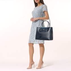 Pre Owned Prada Dark Blue Saffiano Leather Double Tote Bag