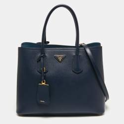 Pre Owned Prada Dark Blue Saffiano Leather Double Tote Bag