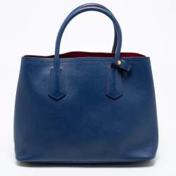 Pre Owned Prada Blue Saffiano Cuir Leather Medium Double Handle Tote