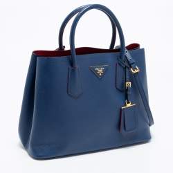 Pre Owned Prada Blue Saffiano Cuir Leather Medium Double Handle Tote