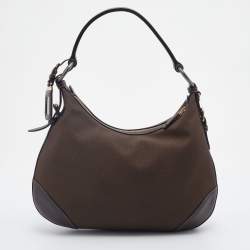 Pre Owned Prada Brown Logo Jacquard And Leather Hobo