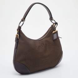 Pre Owned Prada Brown Logo Jacquard And Leather Hobo