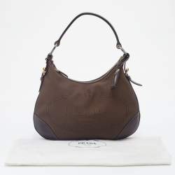 Pre Owned Prada Brown Logo Jacquard And Leather Hobo