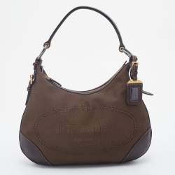 Pre Owned Prada Brown Logo Jacquard And Leather Hobo