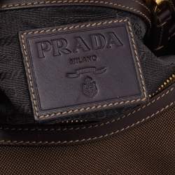 Pre Owned Prada Brown Logo Jacquard And Leather Hobo