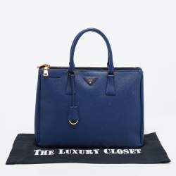 Pre Owned Prada Blue Saffiano Lux Leather Large Galleria Double Zip Tote