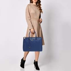 Pre Owned Prada Blue Saffiano Lux Leather Large Galleria Double Zip Tote