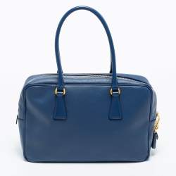 Pre Owned Prada Blue Saffiano Lux Leather Medium Bauletto Satchel