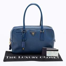 Pre Owned Prada Blue Saffiano Lux Leather Medium Bauletto Satchel