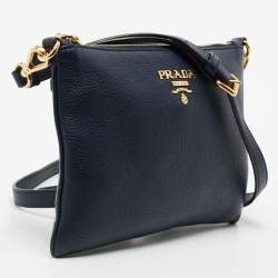Pre Owned Prada Blue Vitello Diano Leather Double Compartment Crossbody Bag