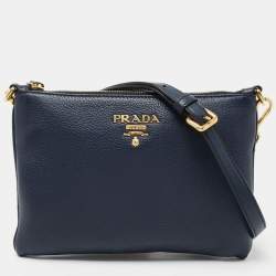 Pre Owned Prada Blue Vitello Diano Leather Double Compartment Crossbody Bag
