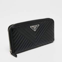 Pre Owned Prada Black Chevron Leather Zip Around Wallet