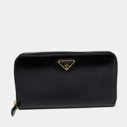 Pre Owned Prada Black Saffiano Vernice Leather Zip Around Wallet