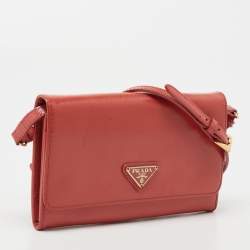 Pre Owned Prada Pink Saffiano Vernice Leather Flap Wallet On Strap