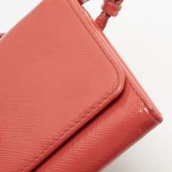 Pre Owned Prada Pink Saffiano Vernice Leather Flap Wallet On Strap