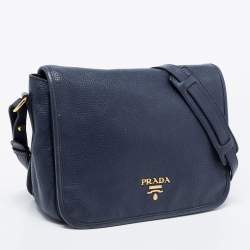 Pre Owned Prada Navy Blue Vitello Daino Leather Phenix Flap Crossbody Bag