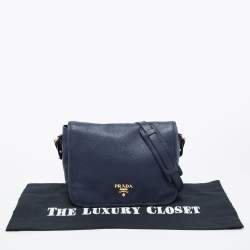 Pre Owned Prada Navy Blue Vitello Daino Leather Phenix Flap Crossbody Bag