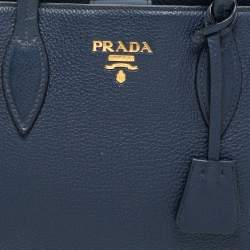 Pre Owned Prada Navy Blue Leather Vitello Phenix Small Tote