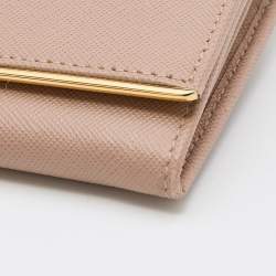 Pre Owned Prada Beige Saffiano Lux Leather Metal Bar Flap Continental Wallet