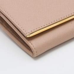 Pre Owned Prada Beige Saffiano Lux Leather Metal Bar Flap Continental Wallet