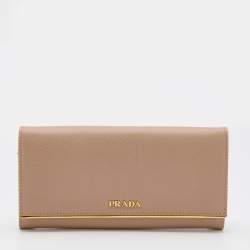 Pre Owned Prada Beige Saffiano Lux Leather Metal Bar Flap Continental Wallet