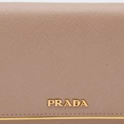 Pre Owned Prada Beige Saffiano Lux Leather Metal Bar Flap Continental Wallet