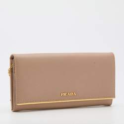 Pre Owned Prada Beige Saffiano Lux Leather Metal Bar Flap Continental Wallet
