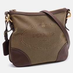 Pre Owned Prada Olive Green/Brown Canvas And Leather Canapa Logo Shoulder Bag