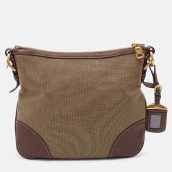 Pre Owned Prada Olive Green/Brown Canvas And Leather Canapa Logo Shoulder Bag