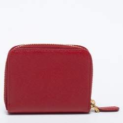 Pre Owned Prada Red Saffiano Lux Leather Zip Around Compact Wallet