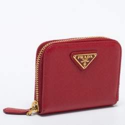 Pre Owned Prada Red Saffiano Lux Leather Zip Around Compact Wallet