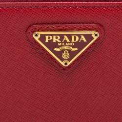 Pre Owned Prada Red Saffiano Lux Leather Zip Around Compact Wallet