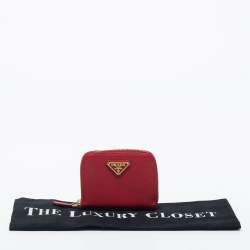 Pre Owned Prada Red Saffiano Lux Leather Zip Around Compact Wallet