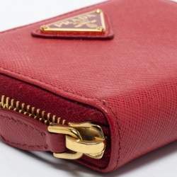Pre Owned Prada Red Saffiano Lux Leather Zip Around Compact Wallet