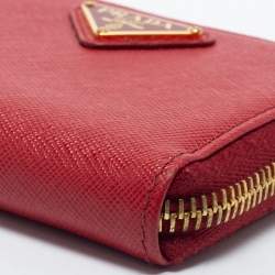 Pre Owned Prada Red Saffiano Lux Leather Zip Around Compact Wallet