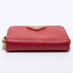 Pre Owned Prada Red Saffiano Lux Leather Zip Around Compact Wallet