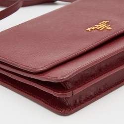 Pre Owned Prada Burgundy Saffiano Leather Wallet On Strap