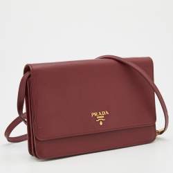Pre Owned Prada Burgundy Saffiano Leather Wallet On Strap