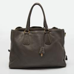 Pre Owned Prada Dark Beige Cervo Leather Side Zipped Tote