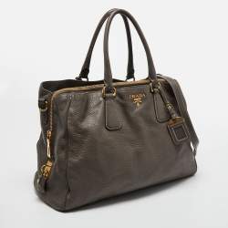 Pre Owned Prada Dark Beige Cervo Leather Side Zipped Tote