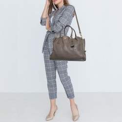 Pre Owned Prada Dark Beige Cervo Leather Side Zipped Tote